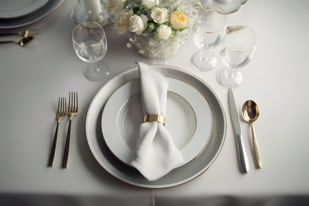 Table setting with white plates and cutlery on white tablecloth, generative aiの素材