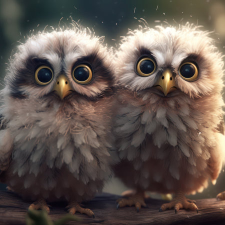 Two cute owls with big eyes on a wooden background, generative aiの素材