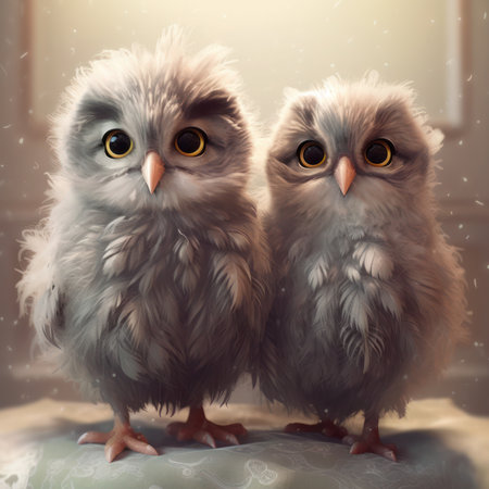 Two cute little owls with big eyes sitting on the windowsill, generative aiの素材