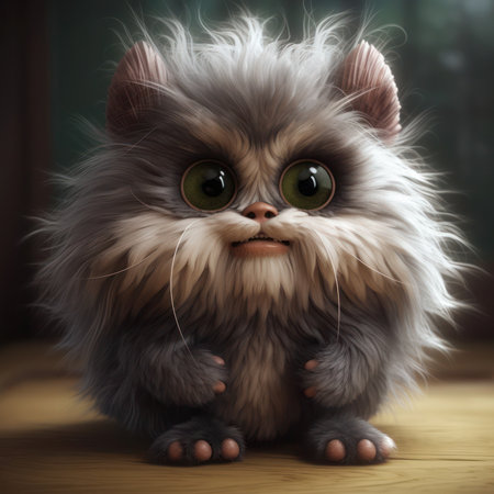 Funny fluffy cat with big eyes sitting on a wooden floor, generative aiの素材