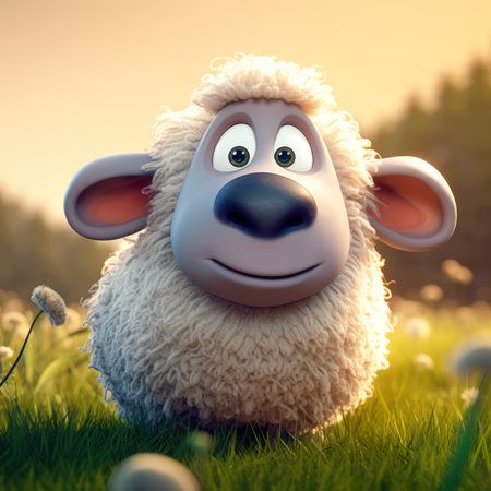 Sheep on the grass with dandelions. 3d render, generative aiの素材