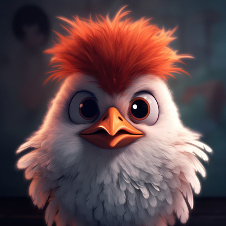 Cute chicken with orange hair on a dark background. Digital painting, generative aiの素材