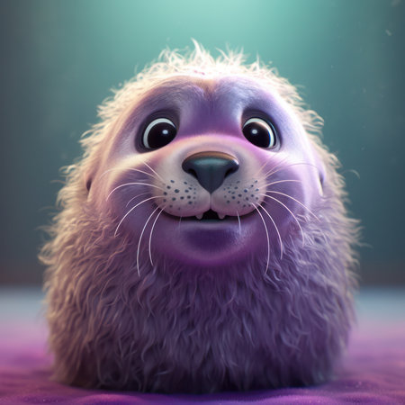 Funny fur seal on a purple background. 3d rendering, generative aiの素材