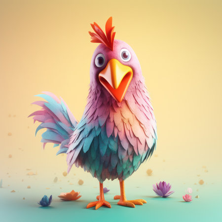 3d rendering of a cute pink and blue rooster on a yellow background, generative aiの素材