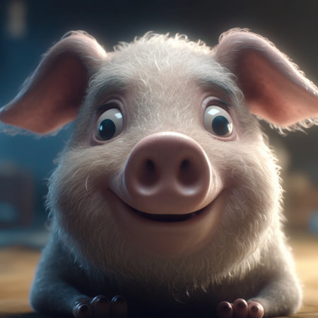 Cute little pig with big eyes on dark background. Close-up, generative aiの素材
