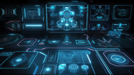 Glowing futuristic HUD interface on dark background. Technology concept. 3D Rendering, generative aiの素材