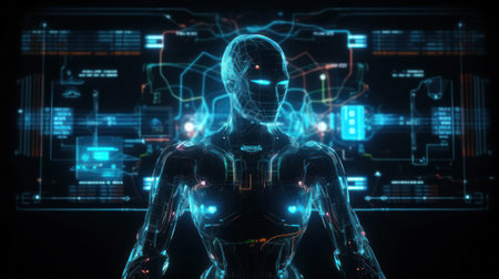 Cyborg woman with glowing HUD interface on dark background 3D rendering, generative aiの素材