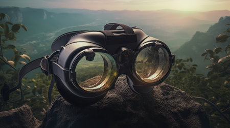 Virtual reality glasses on a rock in the mountains. 3d render, generative aiの素材