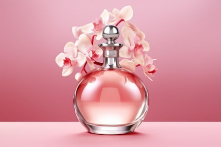 Perfume bottle with pink flowers on purple backgroundの素材