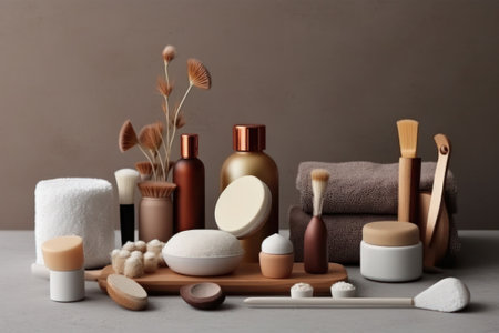 cosmetic products in a composition on a light backgroundの素材