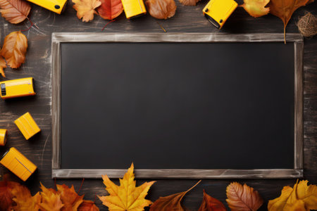 Blackboard with autumn leaves and school bus on wooden background, top viewの素材