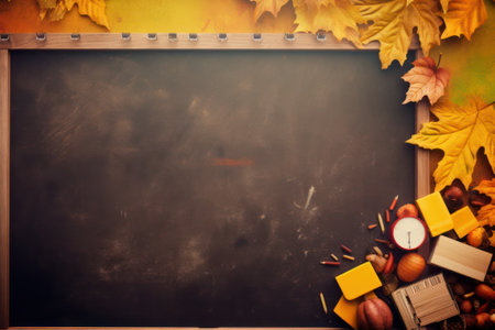 Blackboard with autumn leaves and school bus on wooden background, top viewの素材