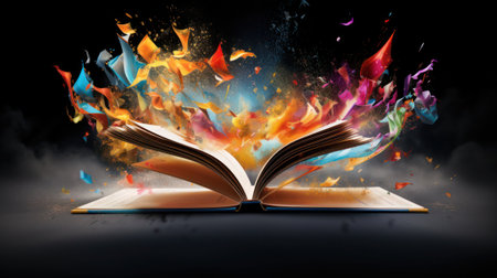 Open magic book concept with glowing lights on dark backgroundの素材