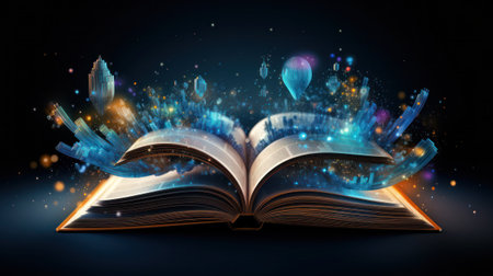 Open magic book concept with glowing lights on dark backgroundの素材