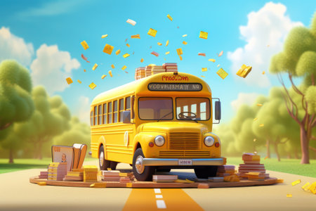 School bus with books, pencils, erasers, erasers and notebooks conceptの素材