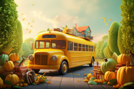 School bus with books, pencils, erasers, erasers and notebooks conceptの素材
