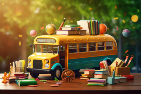 School bus with books, pencils, erasers, erasers and notebooks conceptの素材