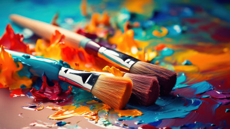 Paint brushes and palette of colors on color background conceptの素材