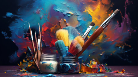 Paint brushes and palette of colors on color background conceptの素材