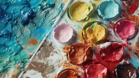 Close-up of a palette with watercolors in different colors conceptの素材