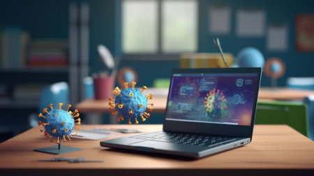 Laptop and books on table in library conceptの素材
