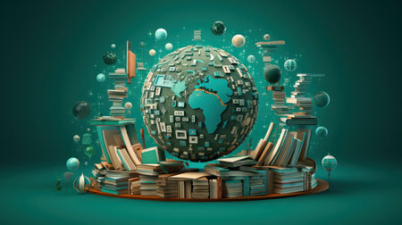 Abstract globe and books on the green background conceptの素材