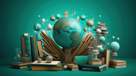 Abstract globe and books on the green background conceptの素材