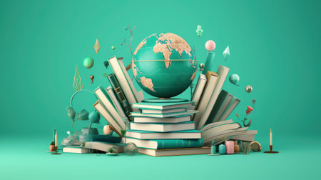 Abstract globe and books on the green background conceptの素材