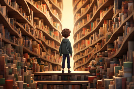 Boy standing in the middle of a huge pile of old books conceptの素材