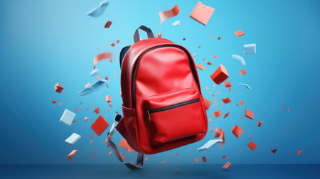 Red school backpack with confetti on blue background conceptの素材