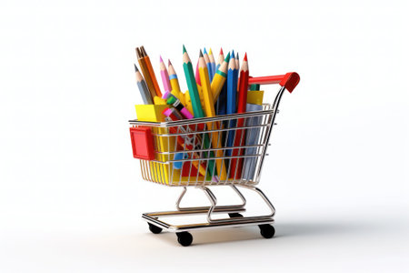 Shopping cart full of colored pencils isolated on white background conceptの素材
