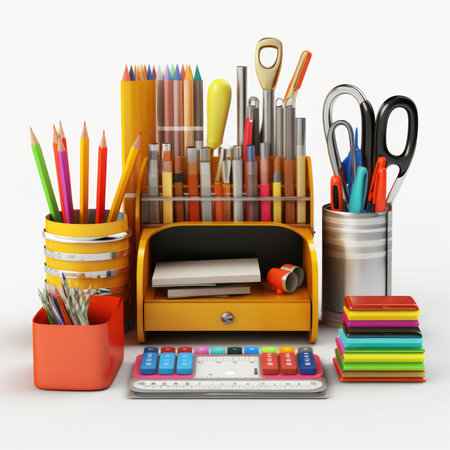 School supplies on a wooden table in the classroom conceptの素材