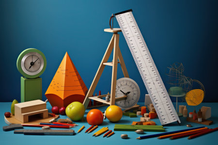 School classroom interior with globe, books, stationery and science equipment conceptの素材