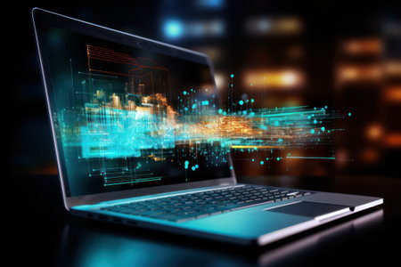 Close up of laptop with glowing circuit on the screenの素材