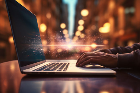 Businessman working on laptop in the night city with glowing lights and flareの素材