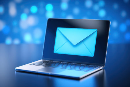 Laptop with email icon on a blue bokeh backgroundの素材