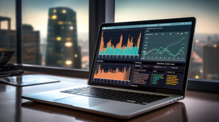 Laptop with a glowing forex chart on screenの素材