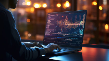 Businessman working on laptop in the night city with glowing lights and flareの素材