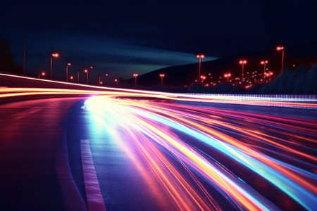 Abstract background of light trails on the roadの素材