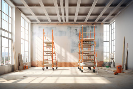 Interior of an empty room with scaffoldingの素材