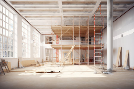 Interior of an empty room with scaffoldingの素材