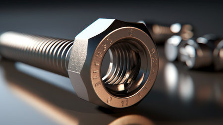 Nuts and bolts on a wooden tableの素材