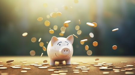 Piggy bank and coins stack on a bokeh background. Saving money concept.の素材