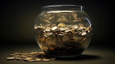 Gold coins in a glass jarの素材