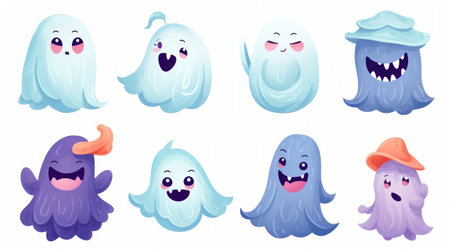 Halloween set of cute cartoon ghosts, illustration isolated on white backgroundの素材