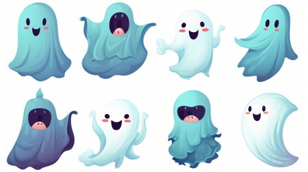 Halloween set of cute cartoon ghosts, illustration isolated on white backgroundの素材