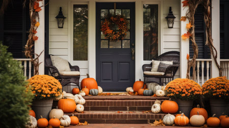 Decorated front door with pumpkins and other Halloween decorationsの素材