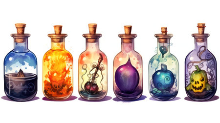 Halloween watercolor hand drawn illustration of magic potion bottles, isolated on white backgroundの素材