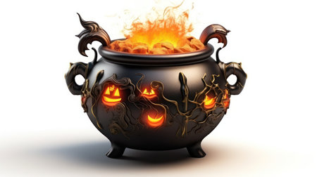 Halloween cauldron of fire isolated on white backgroundの素材