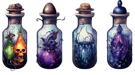 Halloween watercolor hand drawn illustration of magic potion bottles, isolated on white backgroundの素材